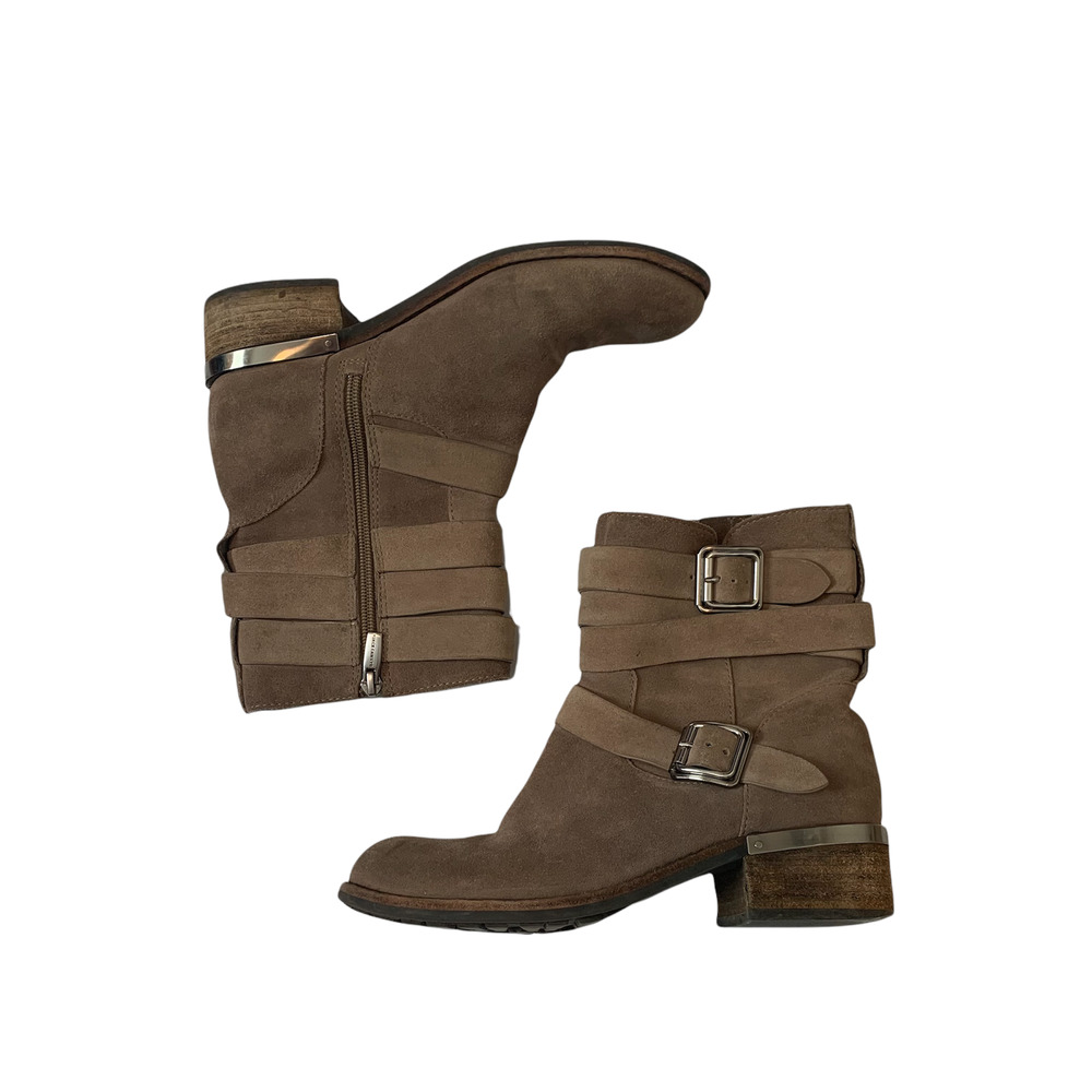 Vince Camuto Webey Moto Bootie Womens Heeled Size 7.5M Leather Tan Gray